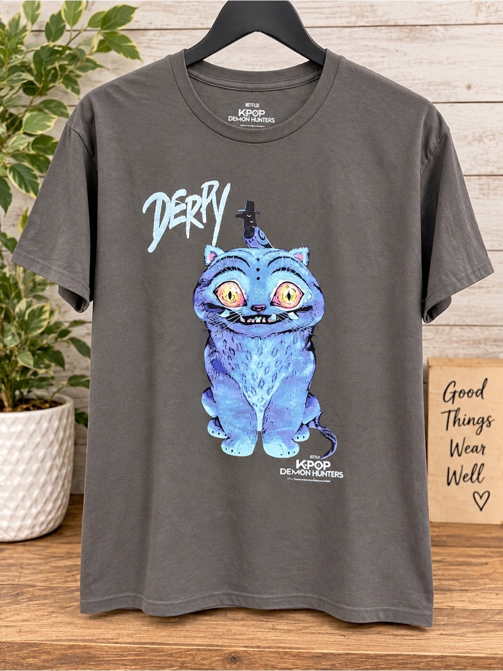 K Pop Derry Cat Graphic Tee - Charcoal with Blue Print